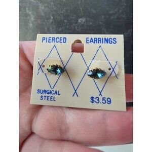 Gold Tone Metal Blue Rhinestone Stud Earrings Vintage Costume Jewelry NOS